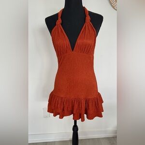 Knot-Strap Rust Mini Dress with Ruffle Hem